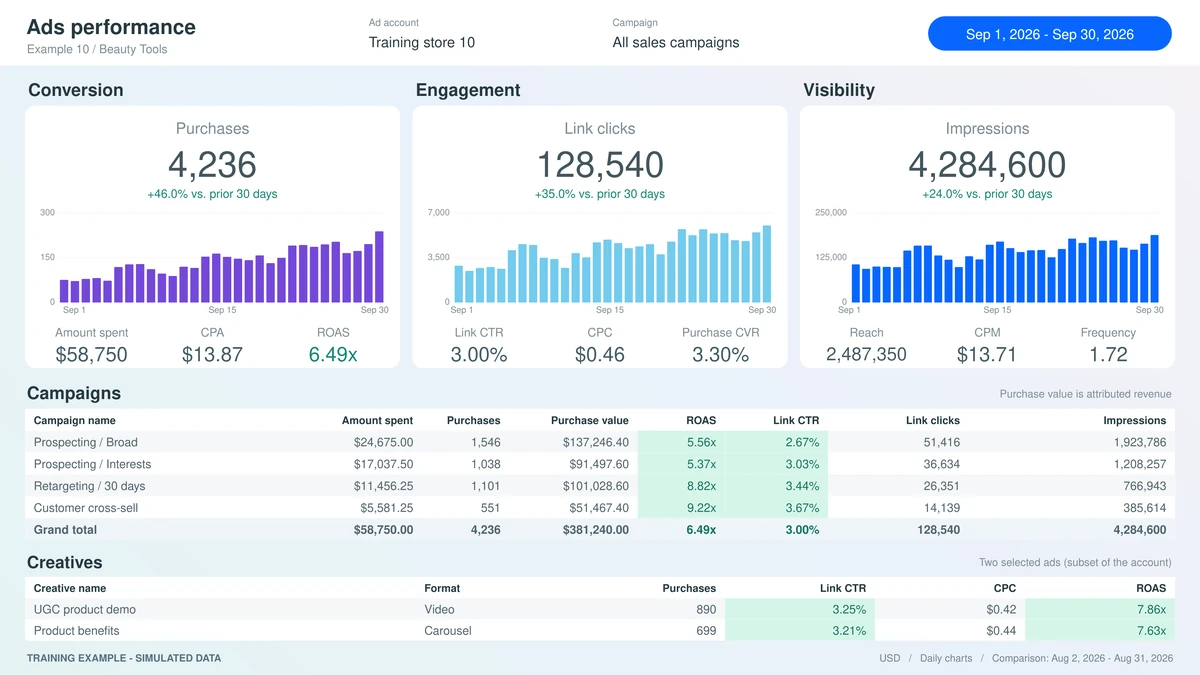 Beauty Tools training dashboard with simulated advertising data